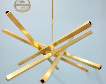 Antiqued Rectangular Brass Pipes Pendant Ceiling Light 6 Arms Artistic Masterpieces Sputnik Light Fixture