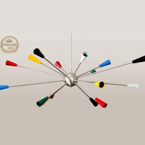 Luzes Sputnik de latão minimalistas de 16 braços premium com braços de vários tamanhos e cúpulas de bulbo multicoloridas | enorme luz artística