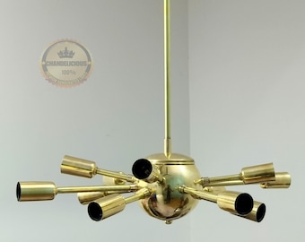 Lampadario Sputnik a 12 bracci in ottone lucido, lampada da soffitto per decorazioni per la casa, design della metà del secolo