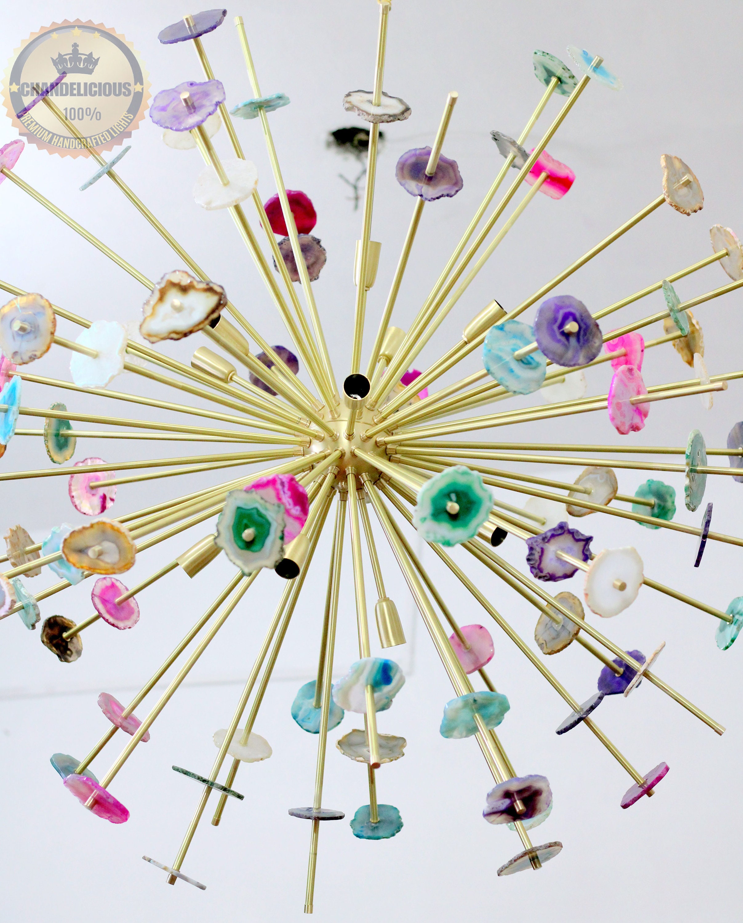 Large Brass Chandelier Natural Stones Agates Lights Premium Etsy