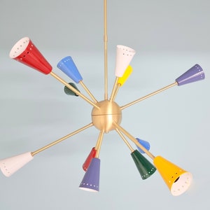 Handmade 12-Light Sputnik Brass Chandelier | Multicolor Bulb Shades | 1950s Retro Style Modern Antique Lighting Fixture Ceiling Pendant