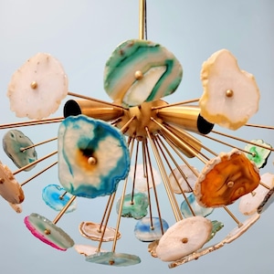 Aristocratic Natural Agates Stones Light Sputnik Chandelier Premium Half Urchin Ceiling Lamp Brass Home Interior Decorative Light Fixture