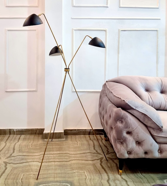Brass Tripod Floor Lamp: 1950s Italian Design, Black Shades