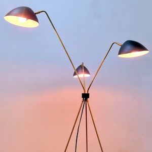 May include: A gold floor lamp with three black lampshades. The lamp has a tripod base and adjustable arms.