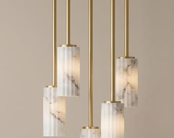 Modern Alabaster Chandelier, 5-Light Fluted Marble Cluster Pendant, Luxury Brass Multi-Light Hanging Lamp, Mid Century Dining Room Light