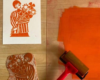 Linocut print of a woman and flowers - A5 size wall art - Handmade print