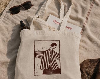 Tote bag linogravure artisanale – Illustration silhouette rayée – Sac en coton imprimé main