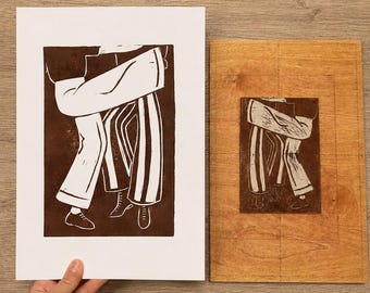 Linocut of dancing feet - A4 size wall art - Handmade print