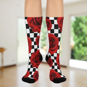 Roses Socks | Cozy Footwear, Gifts for Her, Gothic Floral Fashion Accessory, Vintage Sock Gifts, Red Roses on Checkerboard, Novelty Socks
