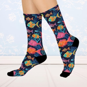 Vibrant Fish Crew Socks, Fun Ocean-Theme Socks, Nautical Gift, Colorful Fish Socks, Cozy Crew Socks for Sea Lovers, Stocking Stuffer
