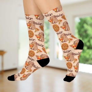 Personalized Capibara Eating Pizza Party Crew Socks for Food Lovers, Fun Gift for Birthdays, Capibara/Pizza Lovers, Unique Gifts Under 20