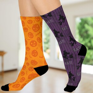 Personalized Spooky Cushioned Crew Socks for Halloween, Cozy Footwear for Fall, Cute Gifts for Witches, Unique Stylish Socks, Fun Halloween