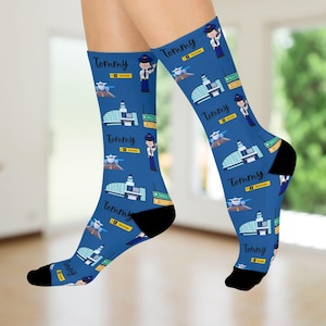 Airplane Pilot Gift Socks, Fun Socks for Adult, Birthday Gift, Pilot Theme, Cozy Cushion Socks, Personalized Footwear, Stocking Stuffer