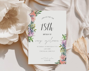May include: A floral-themed invitation for an 18th birthday party. The invitation features a watercolor floral design with pink, purple, and blue flowers. The text reads "Join us for the 18th Birthday of Rory Gilmore on Thursday, October 8, 2024 at 1 PM, Luke's Diner, Stars Hollow, Connecticut. RSVP to: lomba gilmore 123-456-7890."
