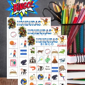 May include: Three "Honduras Bingo" game cards with colorful illustrations of Honduran culture, a "Bingo!" graphic, and school supplies. The cards feature images of a baseball, a volcano, and the Honduran flag.