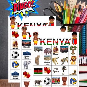Può includere: Un gioco di bingo a tema Kenya con illustrazioni di monumenti, animali ed elementi culturali kenioti. La parola "KENYA" è ben visibile, insieme a "BINGO!" in un fumetto. Matite, forbici e un righello sono sullo sfondo.