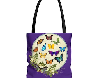 Bolso de mano con mariposa morada, ideal para libros y compras. Diseño colorido de insectos, naturaleza, ecológico, de poliéster, duradero y reutilizable.