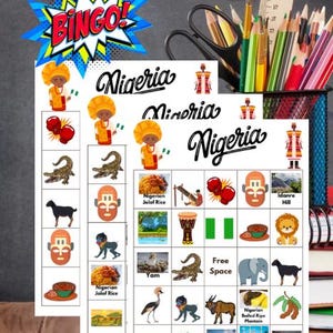 Puede incluir: Un juego de bingo colorido con la palabra "Nigeria" en una fuente estilizada. El juego presenta ilustraciones de la cultura nigeriana, incluyendo comida, monumentos y animales. Un gráfico de "BINGO!" está en la esquina superior izquierda.