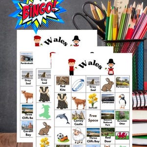 May include: A colorful bingo game sheet with the word "Wales" and various images of Welsh landmarks, animals, and symbols. The word "BINGO!" is in a comic book style speech bubble. Pencils, scissors, and a ruler are in the background.