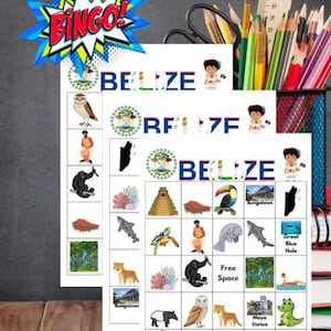 May include: Two sheets of Belize-themed bingo cards with illustrations of local animals, landmarks, and cultural elements. The word "BELIZE" is at the top of each card. A comic book style "BINGO!" graphic is in the upper left corner.
