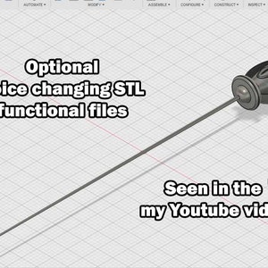 Könnte beinhalten: Ein 3D-Modell eines Stimmveränderungs-Mikrofons auf einer langen, dünnen Stange. Der Text "Optional Voice changing STL functional files" und "Seen in the my Youtube video" ist im Bild sichtbar.
