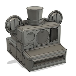 Może przedstawiać: Szary trójwymiarowy model aparatu fotograficznego w stylu vintage z cylindrem i uszami Myszki Miki. Aparat ma obiektyw, wizjer i komorę na film.