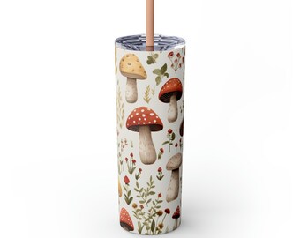 Elevate Your Sipping Experience with Cottagecore Charm - 20oz Mushroom Lover&#39;s Tumbler with Straw Skinny Tumbler 20oz Mushroom Gift