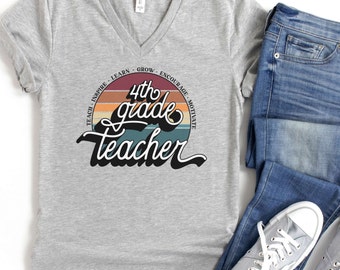 V-Neck Tee Retro Fourth Grade Teacher Shirt, Fourth Grade Teacher Shirt, 4th Grade Teacher Gift, 4th Grade Team Shirts, Retro Back to School