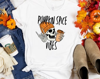Pumpkin Spice Vibes T Shirt, Skeleton Coffee Cup Shirt for Fall Enthusiasts, Cute Fall Shirt #PumpkinSpiceVibes #FallFashion #Autumn