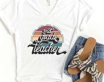 V-Neck Tee Retro Third Grade Teacher Shirt, Third Grade Teacher Shirt, 3rd Grade Teacher Gift, 3rd Grade Team Shirts, Retro Back to School