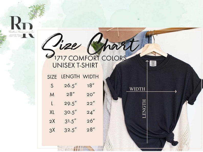 May include: Size chart for a unisex t-shirt in various sizes. The chart shows the length and width of the shirt in inches for sizes S, M, L, XL, 2X, and 3X. The chart is labeled "1717 Comfort Colors Unisex T-Shirt".