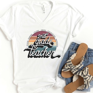 V-Neck Tee Retro Second Grade Teacher Shirt, Second Grade Teacher Shirt, 2nd Grade Teacher Gift, 2nd Grade Team Shirts, Retro Back to School