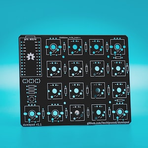 May include: A black printed circuit board for a mechanical keyboard macro pad featuring a four-by-four grid of switch sockets. The board includes labels for a pro micro controller, the text dumbpad v1.1, and github.com/imchipwood/dumbpad.
