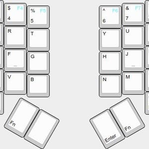 May include: A split ergonomic keyboard layout featuring white keys with gray borders and light blue function labels. The QWERTY arrangement is divided into two sections with dedicated Fn, Enter, and modifier keys including Ctrl, Alt, and Super.