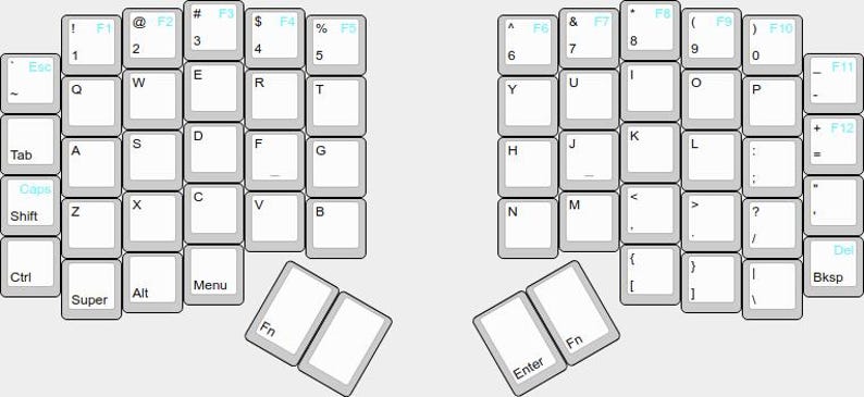 May include: A split ergonomic keyboard layout featuring white keys with gray borders and light blue function labels. The QWERTY arrangement is divided into two sections with dedicated Fn, Enter, and modifier keys including Ctrl, Alt, and Super.
