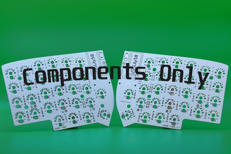 May include: Two white Lily58 printed circuit boards for a split mechanical keyboard, featuring green solder pads and various electronic component footprints. The text "Components Only" is overlaid in black across the center of both boards.
