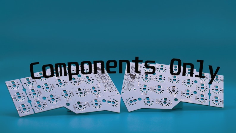 May include: Two white printed circuit boards for a split mechanical keyboard, featuring numerous circular switch sockets and gold-colored contact points. The boards are angled and display the text Components Only overlaid in black.