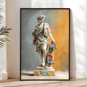 Skateboard Statue Poster Urban Print, Antike Skulptur Wall Art, Graffiti Street Art Kunstdruck, Modernes Design, Bunte Wanddeko