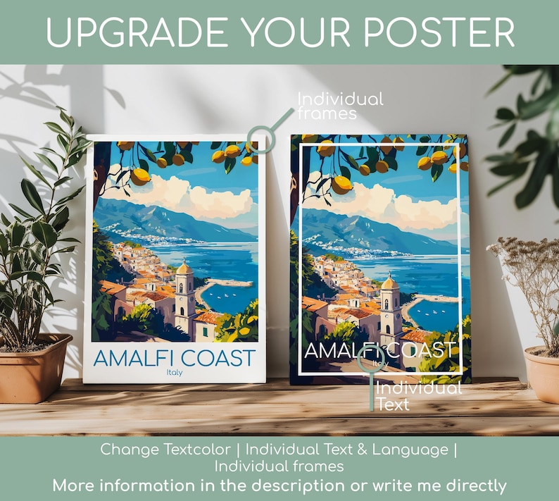 Pu&ograve; includere: Due poster che raffigurano la Costiera Amalfitana in Italia, con una citt&agrave; costiera, mare blu, montagne e rami di limone. Il poster a sinistra ha un bordo bianco con il testo "AMALFI COAST Italy". Il poster a destra ha una cornice bianca e testo.
