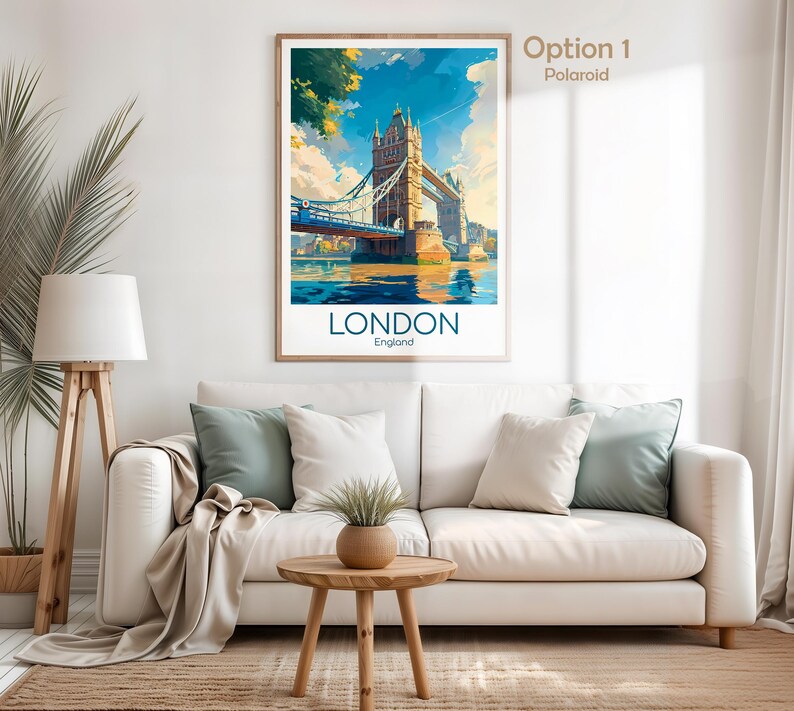 May include: A framed art print featuring a watercolor illustration of the Tower Bridge in London, England. The print has a blue, yellow, and brown color scheme. The word "LONDON" is printed in blue at the bottom of the print.