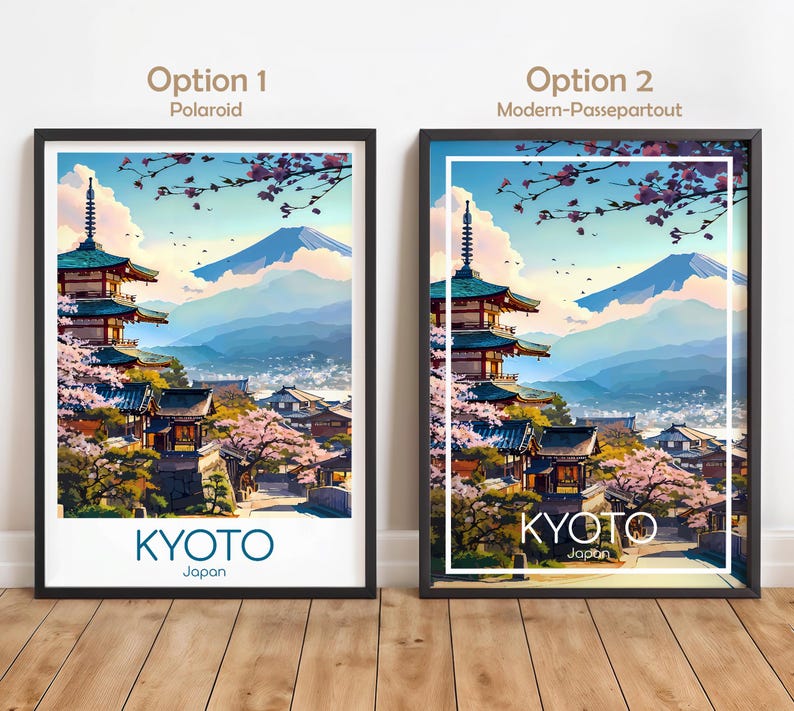 以下が含まれることがあります： 京都の鮮やかなイラストが描かれた、額装されたアートプリント。このアートワークは、日本の伝統的な建築物、桜、山を背景にしています。「京都」の文字が太字で表示されています。