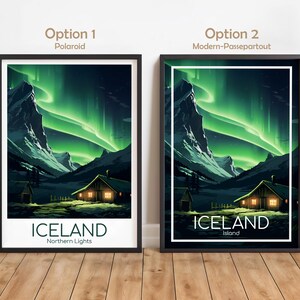 May include: Two framed art prints featuring a landscape with a cabin under the Northern Lights. The artwork depicts a green and white aurora borealis over mountains and a cabin with lit windows. The text "ICELAND Northern Lights" is at the bottom of one print.