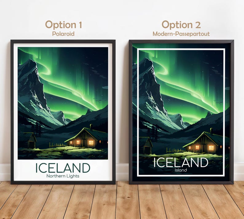 May include: Two framed art prints featuring a landscape with a cabin under the Northern Lights. The artwork depicts a green and white aurora borealis over mountains and a cabin with lit windows. The text "ICELAND Northern Lights" is at the bottom of one print.