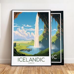 Island Poster Wall Art Waterfall Island, Vintage Seljalandsfoss Wall Art, Travel Poster Print