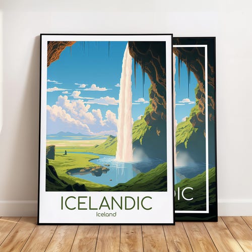 Island Poster Wall Art Waterfall Island, Vintage Seljalandsfoss Wall Art, Travel Poster Print