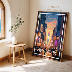 May include: A rectangular framed wall art print featuring a vibrant, stylized illustration of a New York City street scene at sunset. The artwork displays tall buildings, glowing billboards, yellow taxis, and the text NEW YORK USA in white capital letters.