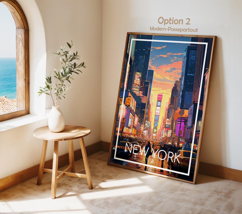 May include: A rectangular framed wall art print featuring a vibrant, stylized illustration of a New York City street scene at sunset. The artwork displays tall buildings, glowing billboards, yellow taxis, and the text NEW YORK USA in white capital letters.