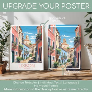 May include: Two rectangular posters depicting a colorful Lisbon street scene with pink, blue, and yellow buildings under a blue sky. The left poster features the text LISBON Portugal at the bottom. The right poster includes a white frame border.