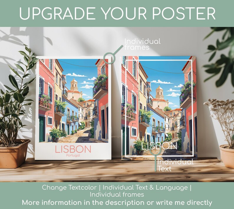May include: Two rectangular posters depicting a colorful Lisbon street scene with pink, blue, and yellow buildings under a blue sky. The left poster features the text LISBON Portugal at the bottom. The right poster includes a white frame border.