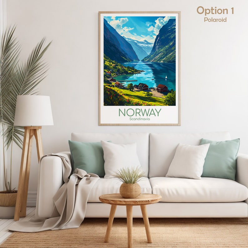 May include: A framed poster with a scenic view of a fjord in Norway. The poster has a blue, green, and white color scheme and features the text "NORWAY Scandinavia".